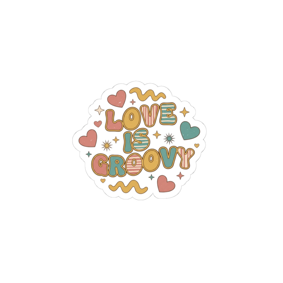 Love Is Groovy Kiss-Cut Sticker | Retro Valentine 70s Bubble Font, Dusty Rose Teal