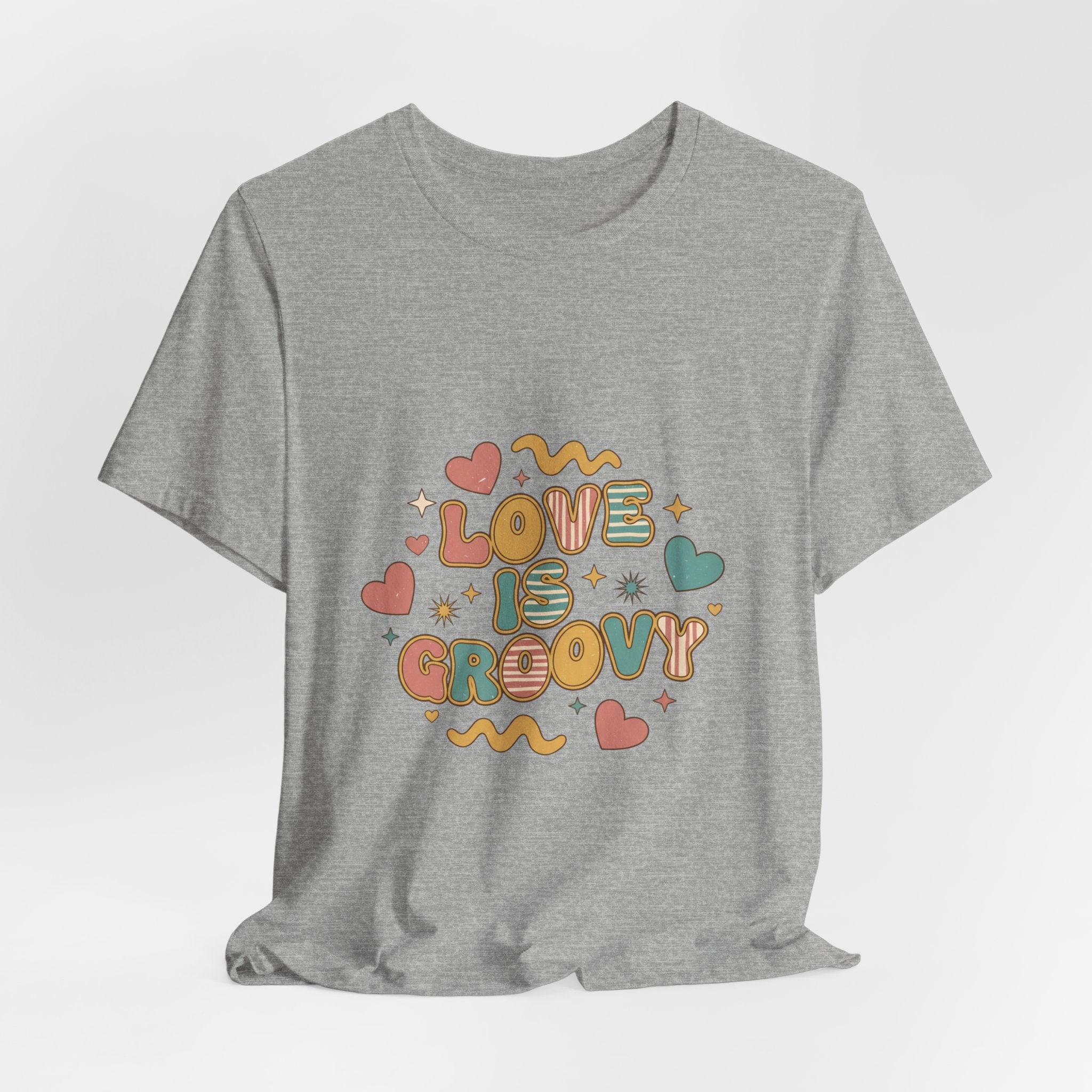Love Is Groovy T-Shirt | Retro Valentine 70s Bubble Font, Dusty Rose Teal