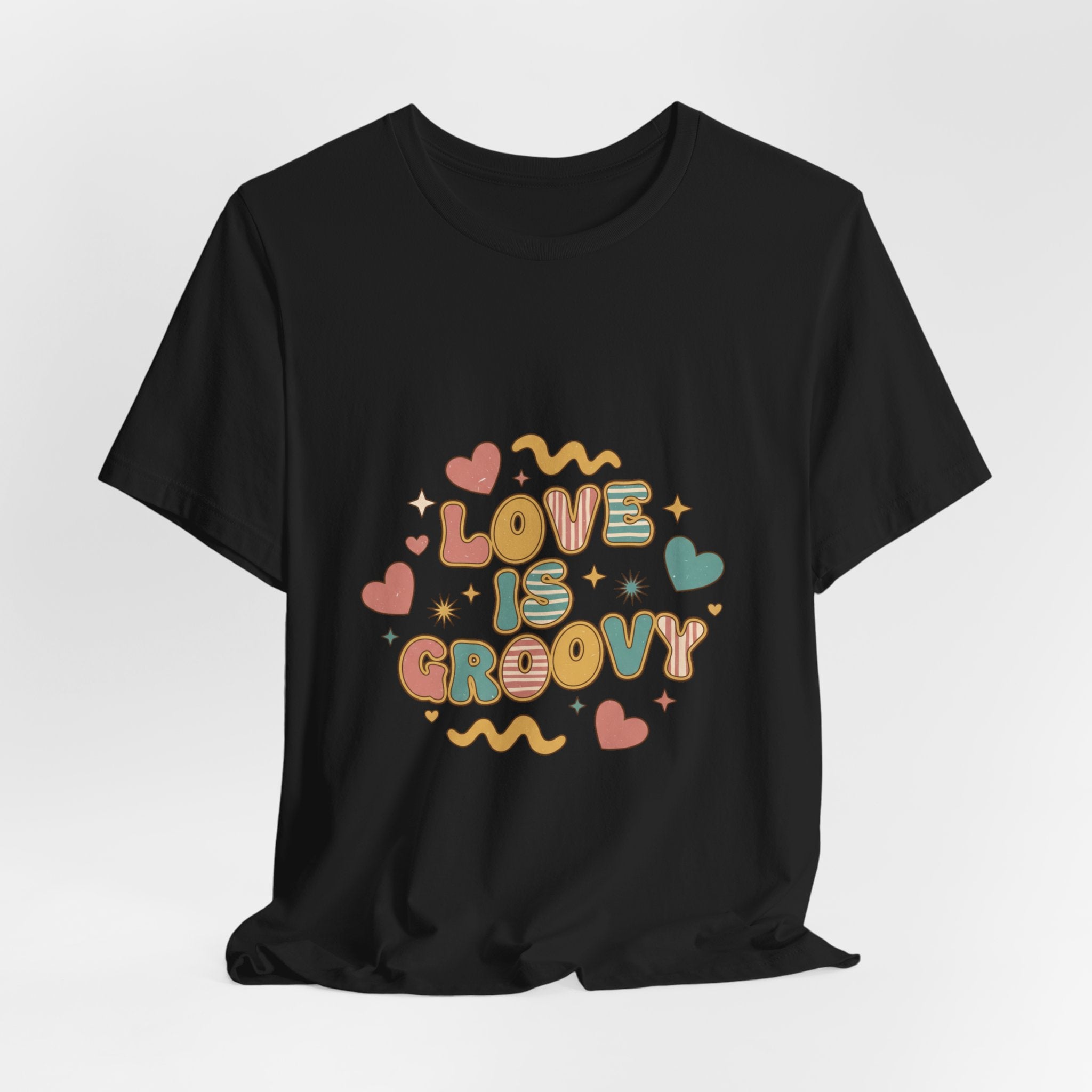 Love Is Groovy T-Shirt | Retro Valentine 70s Bubble Font, Dusty Rose Teal