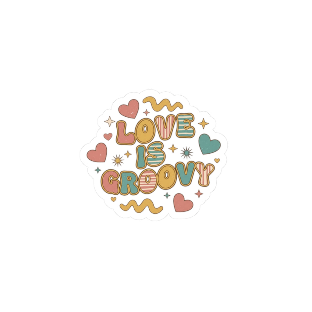 Love Is Groovy Kiss-Cut Sticker | Retro Valentine 70s Bubble Font, Dusty Rose Teal