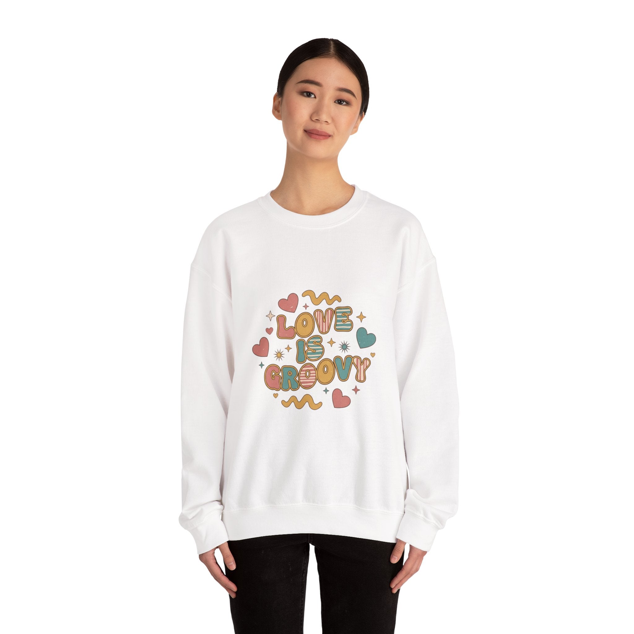 Love Is Groovy Crewneck Sweatshirt | Retro Valentine 70s Bubble Font