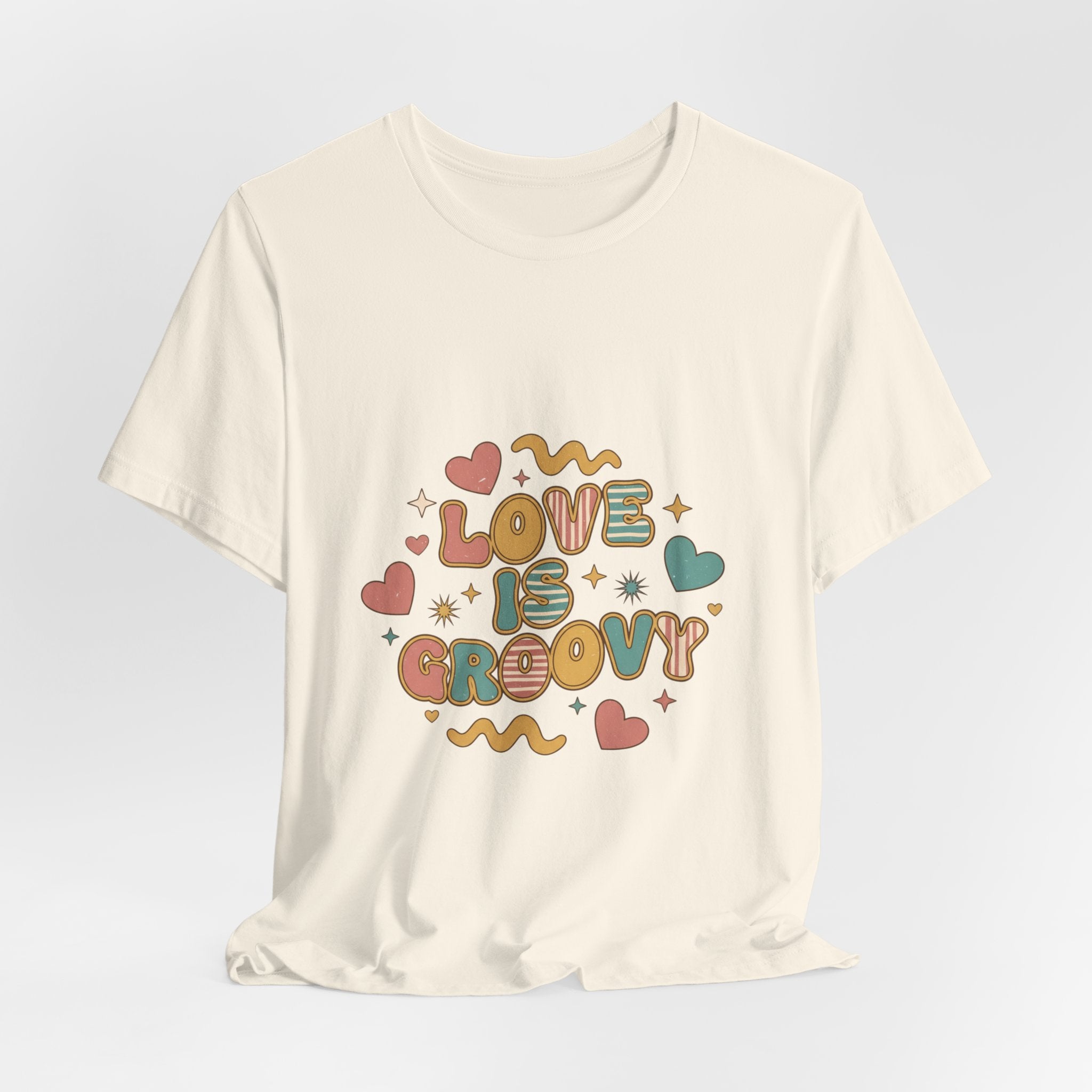 Love Is Groovy T-Shirt | Retro Valentine 70s Bubble Font, Dusty Rose Teal
