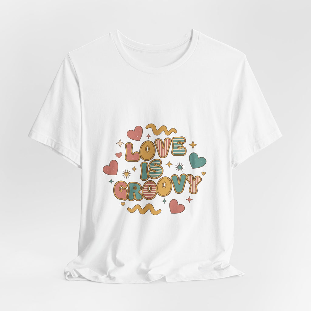 Love Is Groovy T-Shirt | Retro Valentine 70s Bubble Font, Dusty Rose Teal