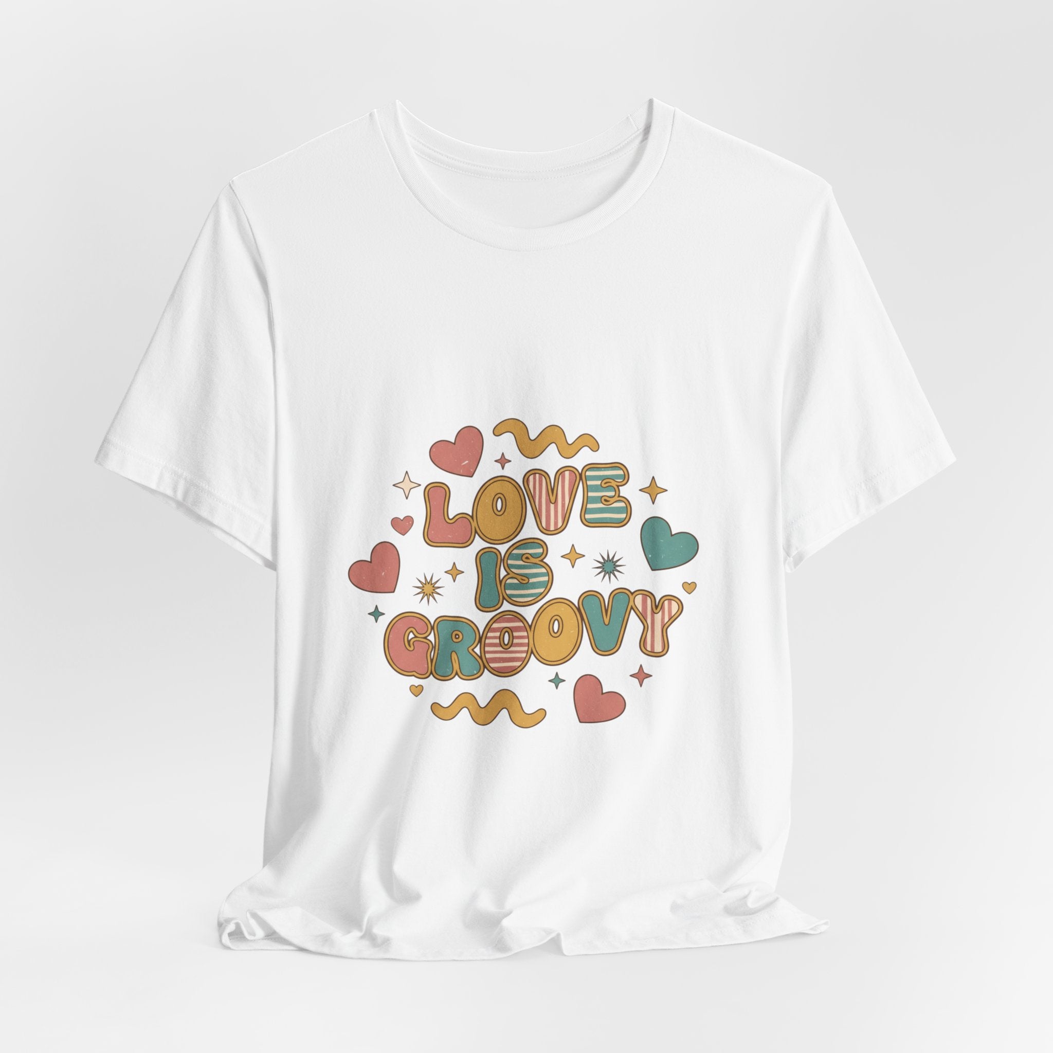 Love Is Groovy T-Shirt | Retro Valentine 70s Bubble Font, Dusty Rose Teal